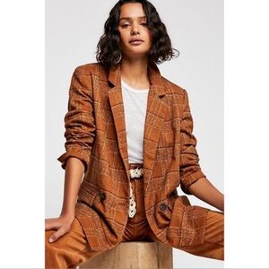 Free people plaid‎ linen Up Town Girl rust Brown Plaid Jacket blazer size large